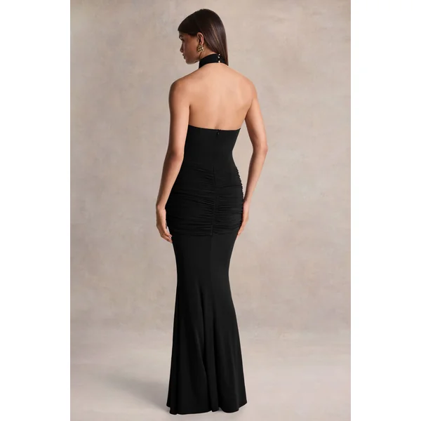 Hyla | Robe longue noire à col montant avec détail écharpe