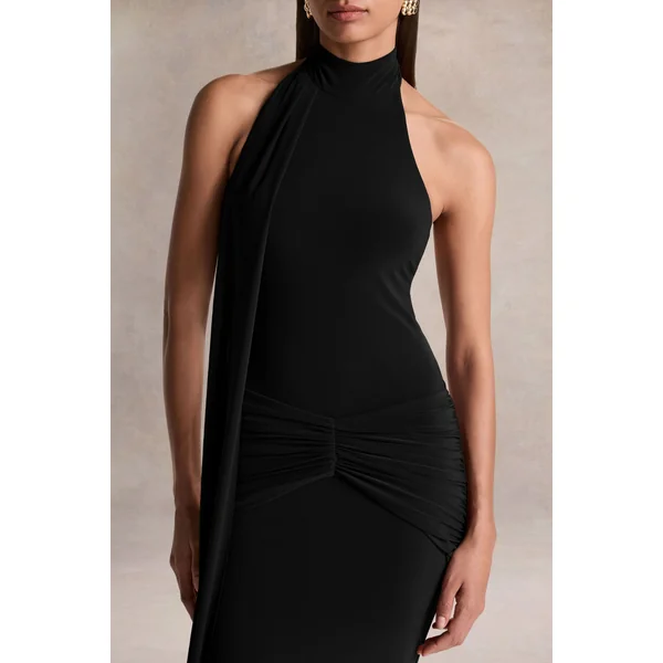 Hyla | Robe longue noire à col montant avec détail écharpe