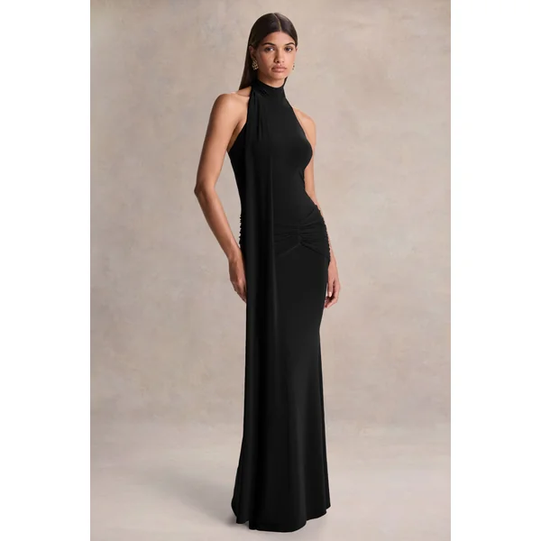 Hyla | Robe longue noire à col montant avec détail écharpe