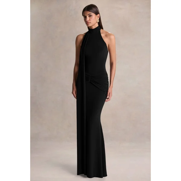 Hyla | Robe longue noire à col montant avec détail écharpe