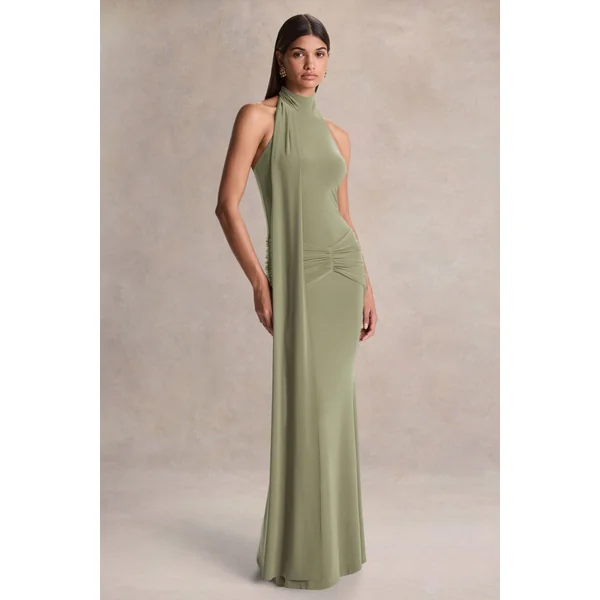 Hyla | Robe longue verte à encolure haute avec détail d’écharpe