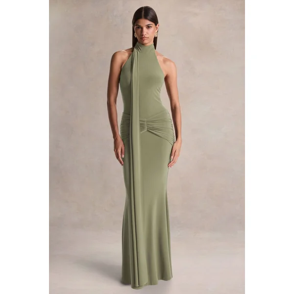 Hyla | Robe longue verte à encolure haute avec détail d’écharpe