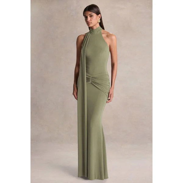 Hyla | Robe longue verte à encolure haute avec détail d’écharpe
