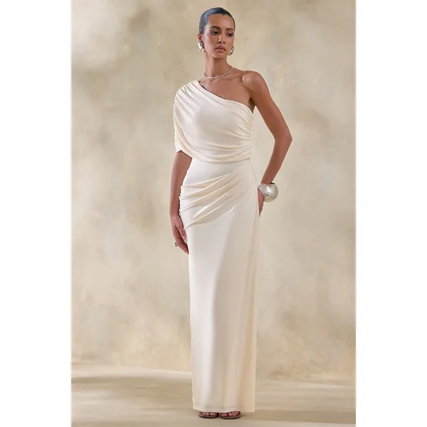 Iberia | Robe longue crème à encolure asymétrique avec détail drapé
