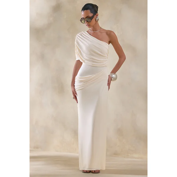Iberia | Robe longue crème à encolure asymétrique avec détail drapé