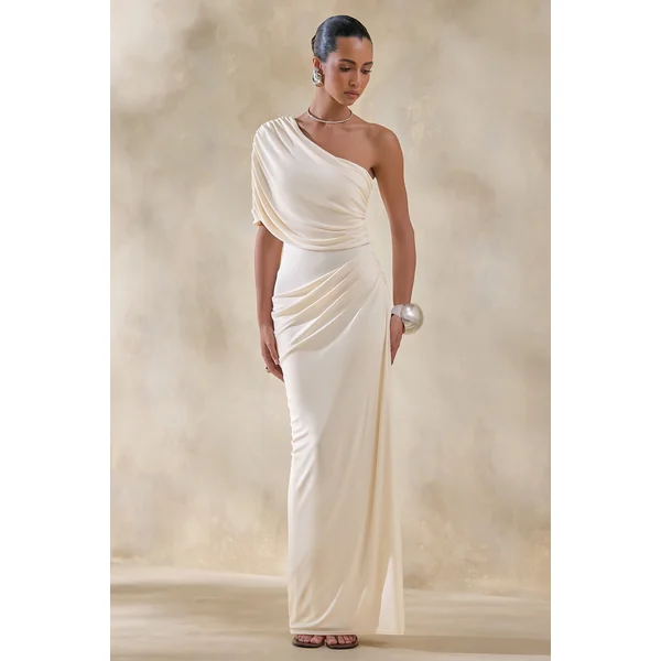 Iberia | Robe longue crème à encolure asymétrique avec détail drapé