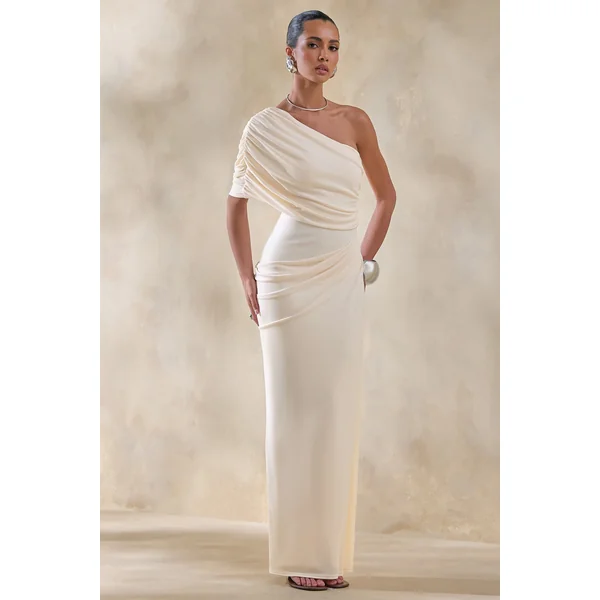 Iberia | Robe longue crème à encolure asymétrique avec détail drapé