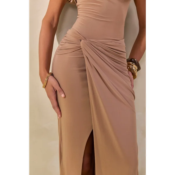 Idris | Jupe longue marron à taille torsadée avec fente à l’avant