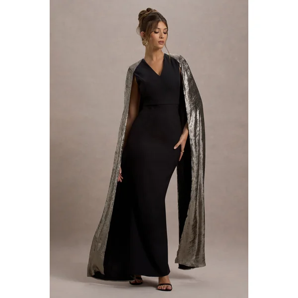 Ilenia | Robe longue noire à décolleté en V avec cape métallique