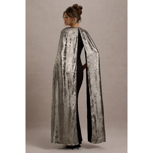 Ilenia | Robe longue noire à décolleté en V avec cape métallique
