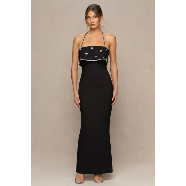 Illiana | Robe longue noire bustier ornée à la main