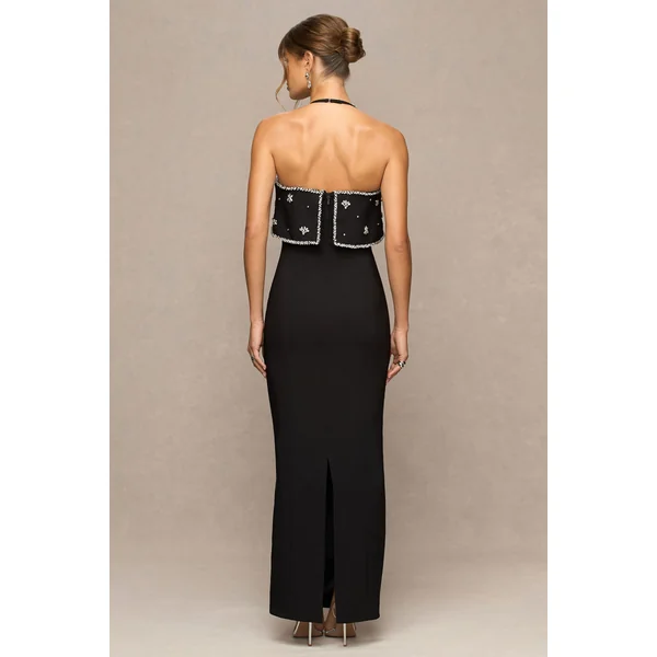 Illiana | Robe longue noire bustier ornée à la main