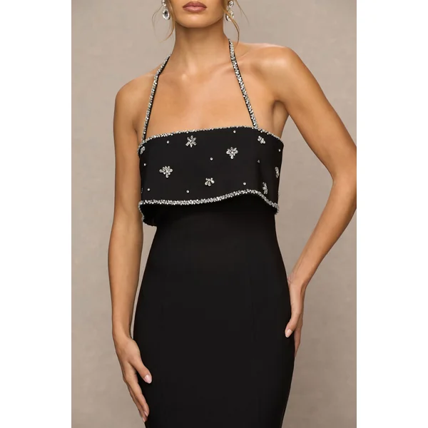 Illiana | Robe longue noire bustier ornée à la main