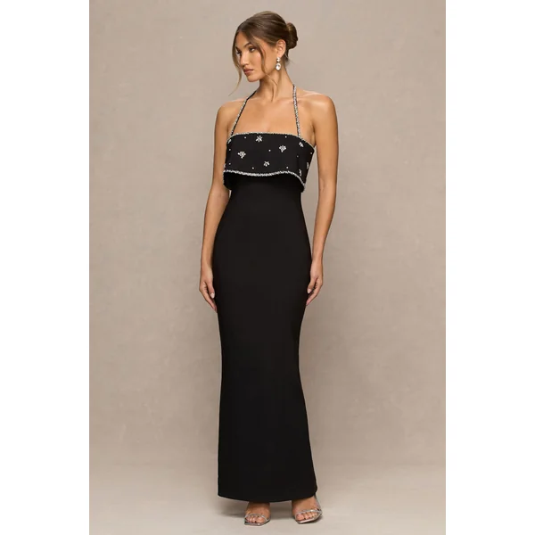 Illiana | Robe longue noire bustier ornée à la main
