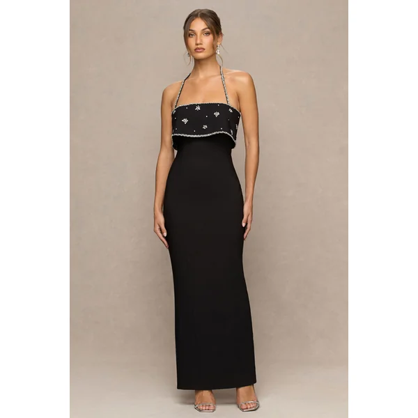 Illiana | Robe longue noire bustier ornée à la main