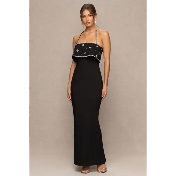 Illiana | Robe longue noire bustier ornée à la main