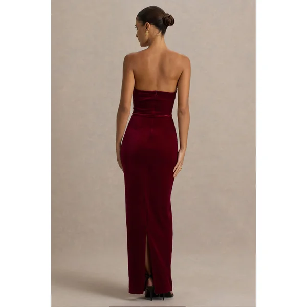 Illusion | Robe longue en velours bordeaux à décolleté bandeau avec détail nœud