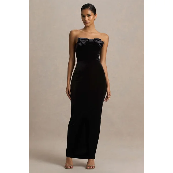 Illusion | Robe longue en velours noir à encolure bandeau avec nœud décoratif