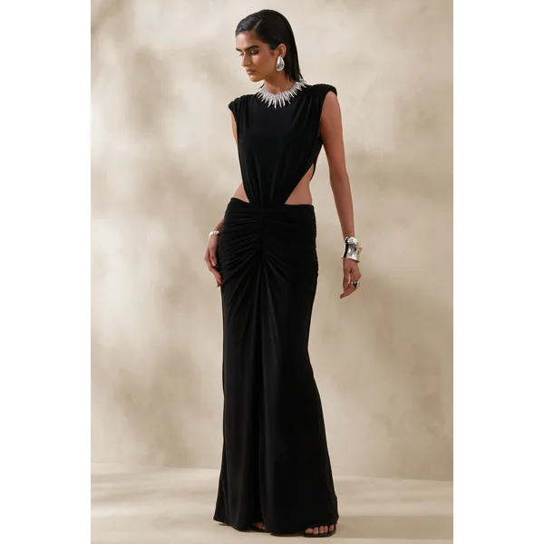 Imelda | Robe longue noire à encolure bateau avec découpes sur le corps