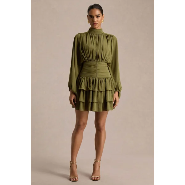 Imma | Mini-robe olive à col montant avec détails volantés