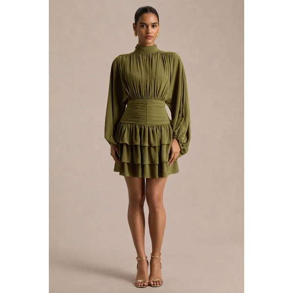 Imma | Mini-robe olive à col montant avec détails volantés