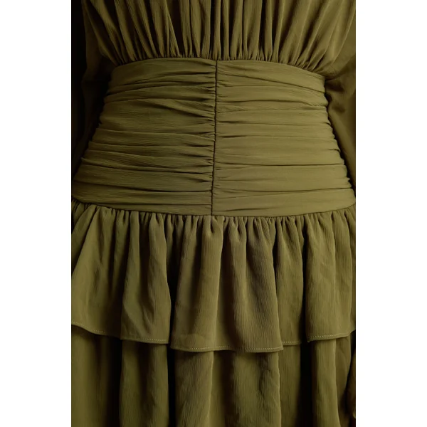 Imma | Mini-robe olive à col montant avec détails volantés