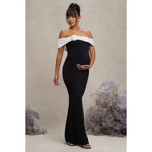 In Bloom | Robe longue de maternité noire et blanche à encolure bardot et fleur
