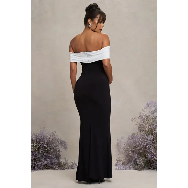 In Bloom | Robe longue de maternité noire et blanche à encolure bardot et fleur