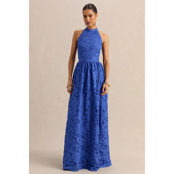 Indiana | Robe longue bleu foncé en broderie anglaise à encolure dos-nu
