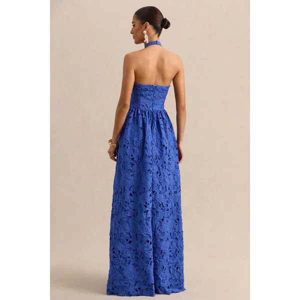 Indiana | Robe longue bleu foncé en broderie anglaise à encolure dos-nu