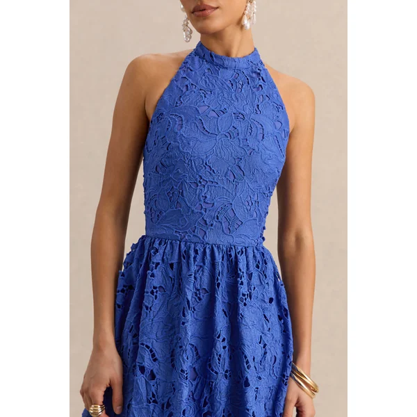 Indiana | Robe longue bleu foncé en broderie anglaise à encolure dos-nu