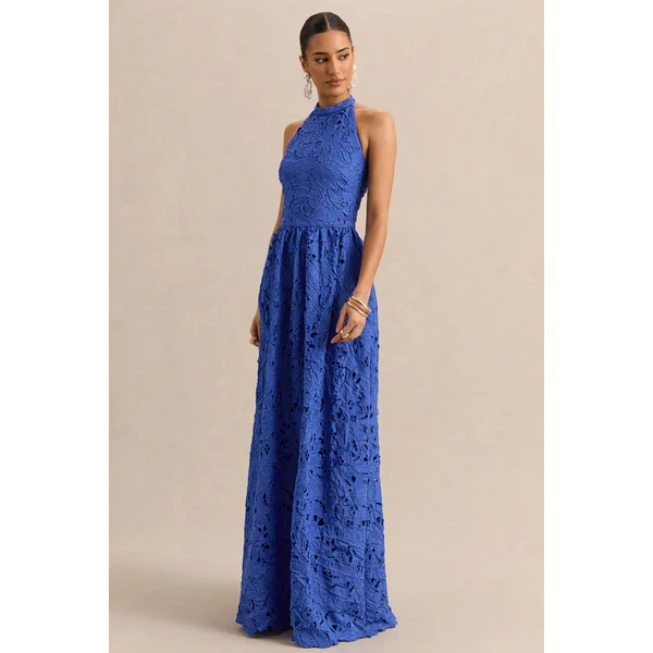 Indiana | Robe longue bleu foncé en broderie anglaise à encolure dos-nu