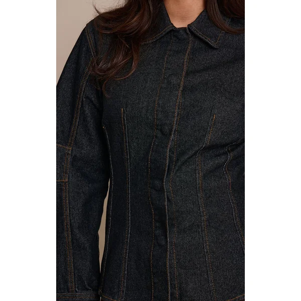 Indigo Brut Délavé Chemise En Jean Cintrée À Manches Ballon