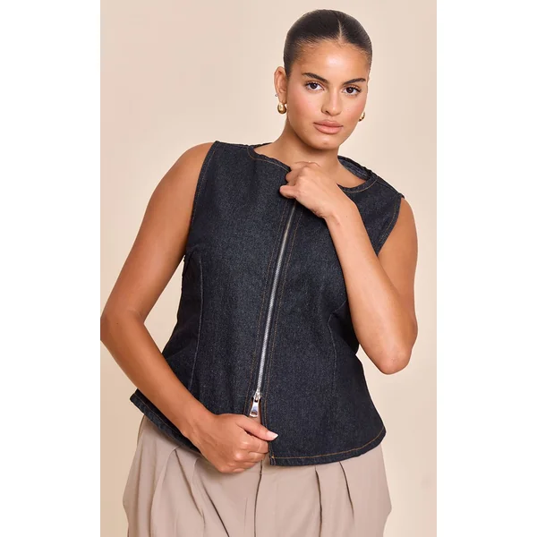 Indigo Brut Délavé Haut En Jean Sans Manches Avec Détail Zip Grande Taille