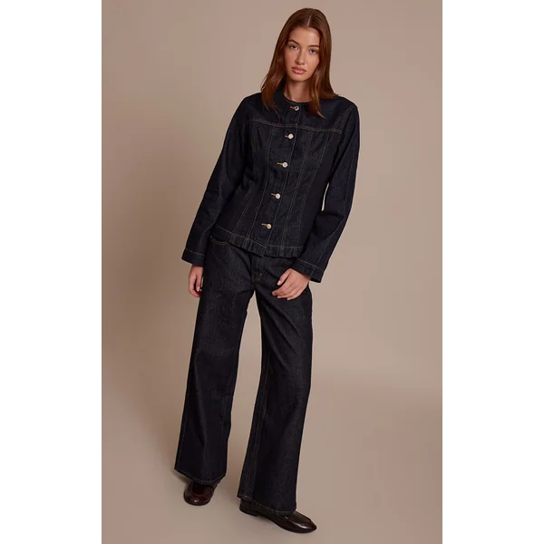 Indigo Brut Délavé Veste En Jean Cintrée À Manches Longues Avec Surpiqûres Contrastées
