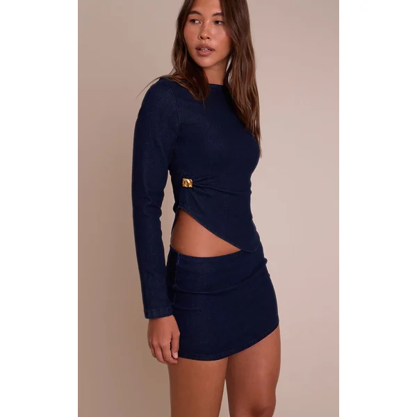 Indigo Haut En Denim Stretch À Col Bateau Avec Finitions Dorées