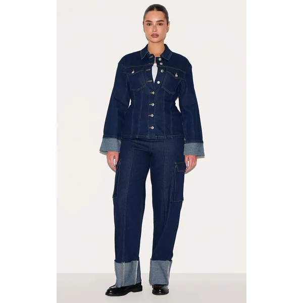 Indigo Jean Cargo Taille Haute En Denim Stretch Shape Avec Ourlets Retroussés