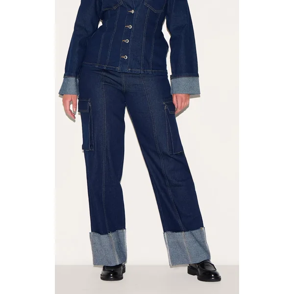 Indigo Jean Cargo Taille Haute En Denim Stretch Shape Avec Ourlets Retroussés