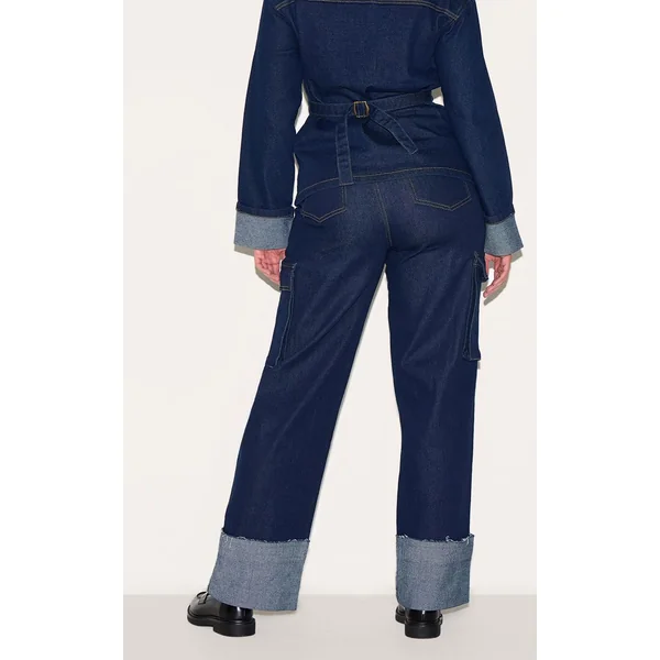 Indigo Jean Cargo Taille Haute En Denim Stretch Shape Avec Ourlets Retroussés