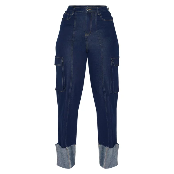 Indigo Jean Cargo Taille Haute En Denim Stretch Shape Avec Ourlets Retroussés