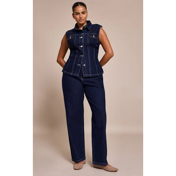 Indigo Jean Grande Taille Taille Mi-haute Coupe Large