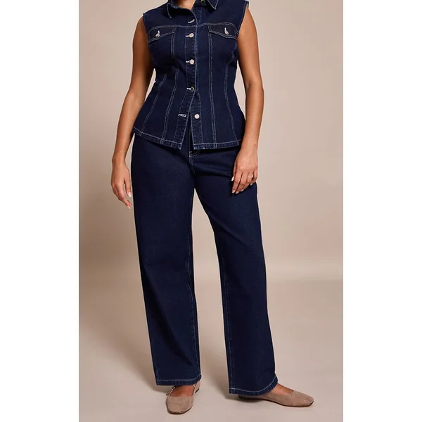 Indigo Jean Grande Taille Taille Mi-haute Coupe Large