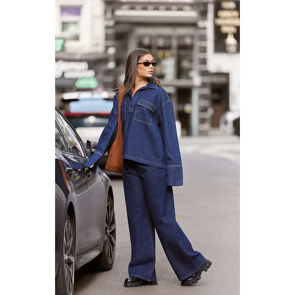 Indigo Jean Large Taille Haute À Surpiqûres Contrastantes