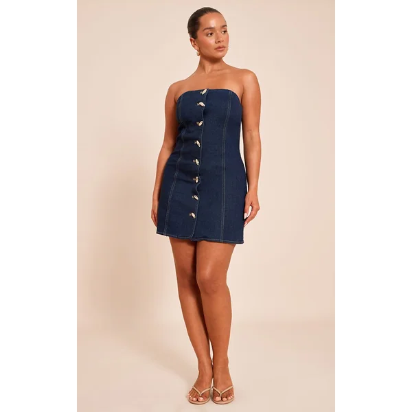 Indigo Robe Mini Bandeau En Denim Stretch Ajusté Avec Boutons Dorés