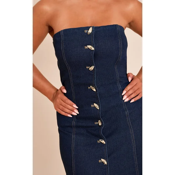 Indigo Robe Mini Bandeau En Denim Stretch Ajusté Avec Boutons Dorés