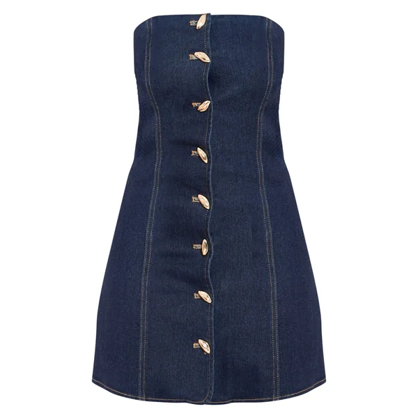 Indigo Robe Mini Bandeau En Denim Stretch Ajusté Avec Boutons Dorés