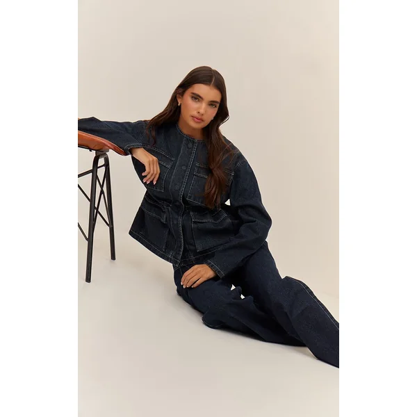 Indigo Veste En Jean Cintrée À Col Rond Et Poches Sur Le Devant