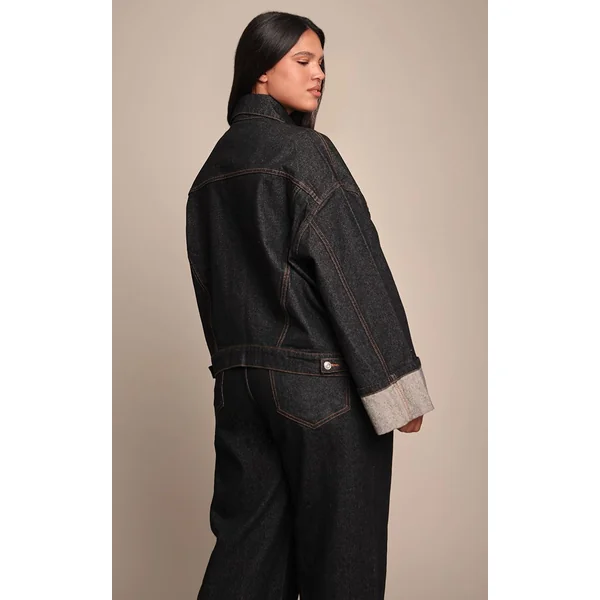 Indigo Veste En Jean Grande Taille Délavage Brut Avec Revers Et Surpiqûres Contrastées