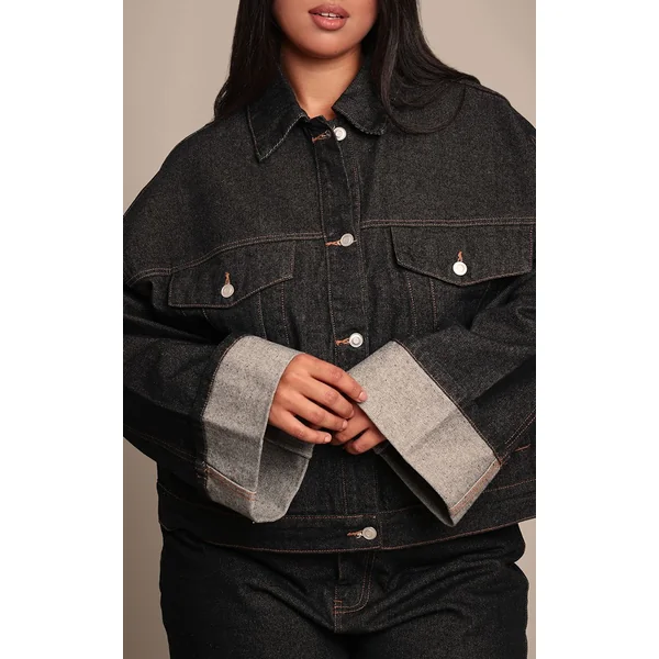 Indigo Veste En Jean Grande Taille Délavage Brut Avec Revers Et Surpiqûres Contrastées