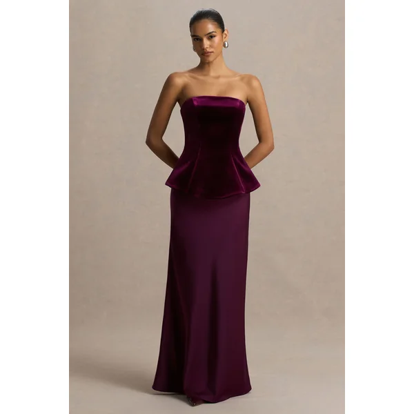 Indulgent | Robe longue bordeaux en velours et satin à décolleté bandeau et corsage corset